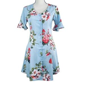 MINE Floral Button-down Short Sleeve Dress Baby Blue Easter Spring